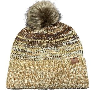FRYE MULTI SHADES OF BROWNS MARLED BEANIE WITH CUFF AND FAUX FUR POMPOM OS